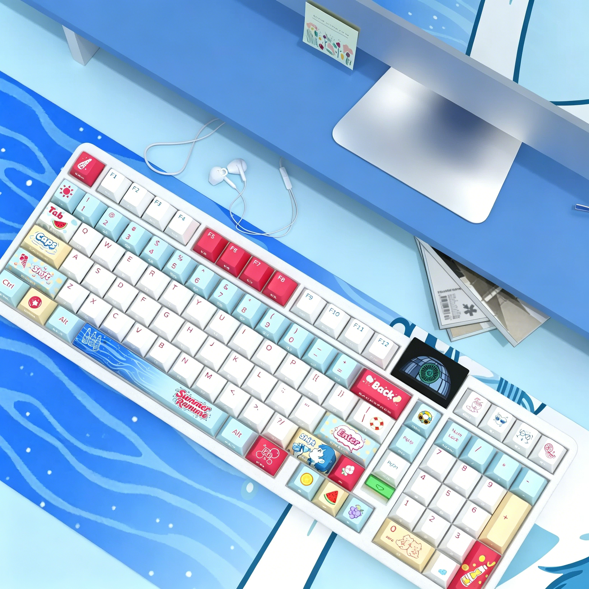 Lamune themed series, summer themed keycap set, PBT material personalized keycap set, anime and games cultural creative decoration keycap set, compatible with 61/64/68/75/84/87/104 mechanical keyboard
