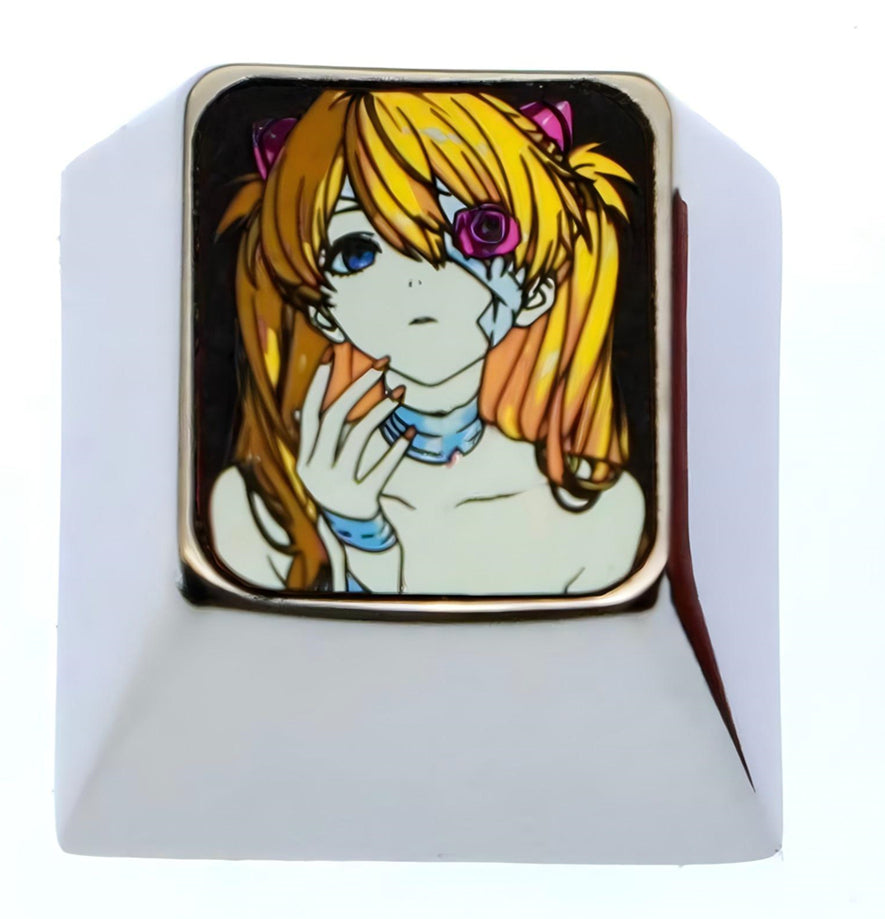EVA, One eyed rose Asuka, 1U titanium alloy personalized keycap, metal carved colorful titanium alloy artistic keycap for anime and game characters.