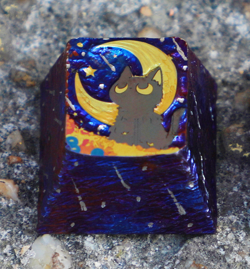 Hand carved titanium alloy, Starry Sky Cat themed personalized keycaps, dreamy art and cultural creative keycaps.