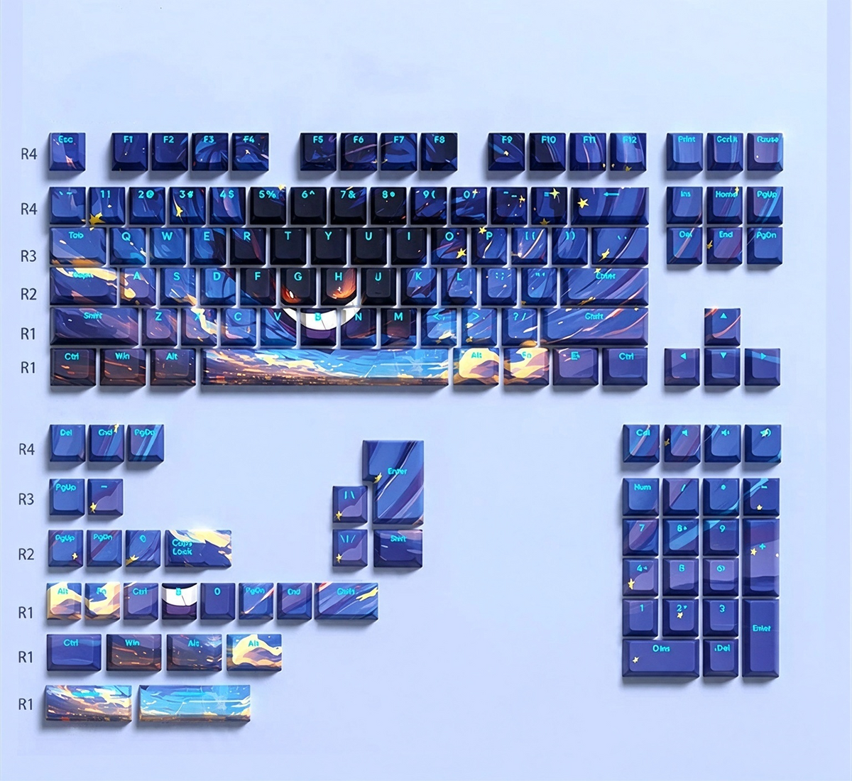 Gengar Starry Sky Theme Design, PBT material personalized key cap set, Side Character animation game culture creative decoration key cap set, compatible with 61/64/68/75/84/87/104 key mechanical keyboard