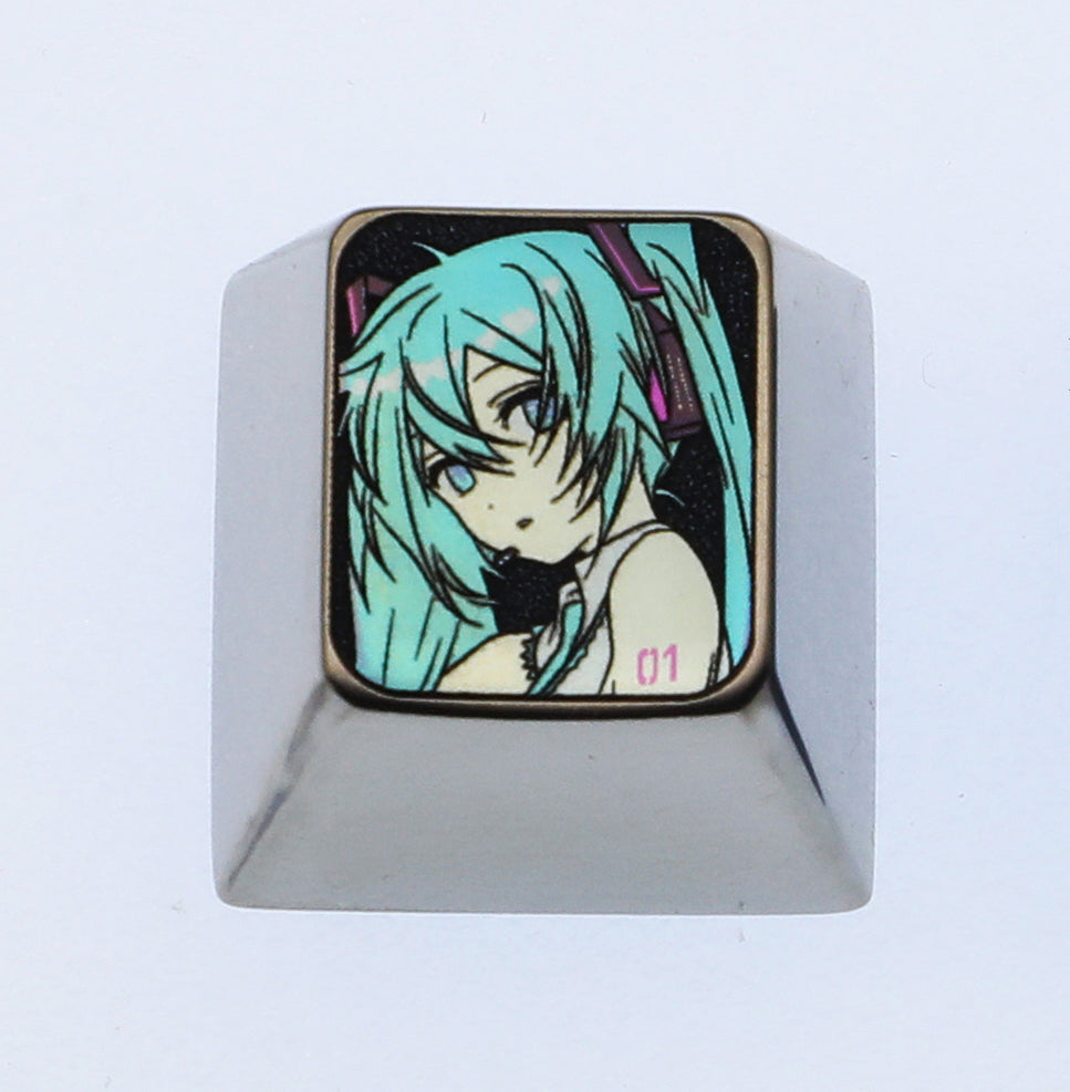 Hatsune Miku, 1U side face titanium alloy engraving key cap, personalized key cap, metal decorative key cap.
