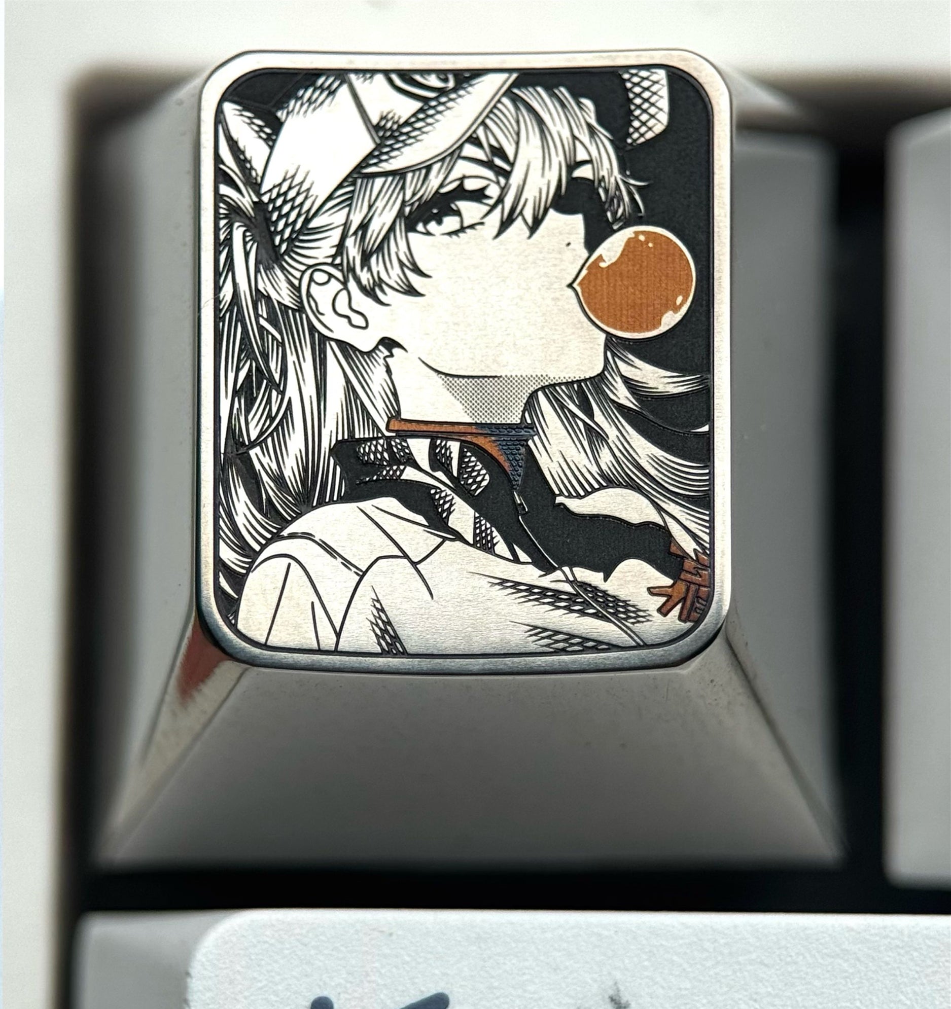 EVA,Asuka, Blowing bubble gum shape, 1U titanium alloy personalized keycap, anime and game culture creative peripheral decorative keycap.