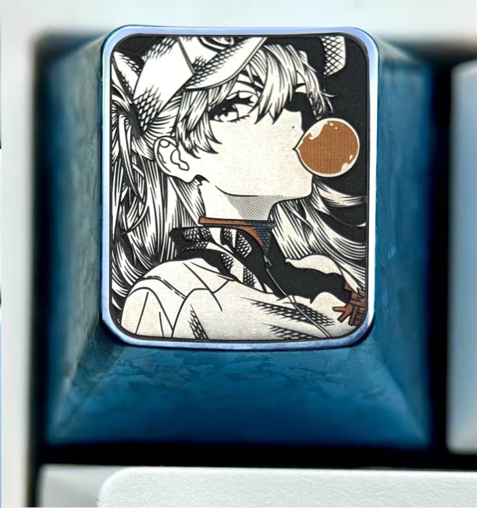 EVA,Asuka, Blowing bubble gum shape, 1U titanium alloy personalized keycap, anime and game culture creative peripheral decorative keycap.