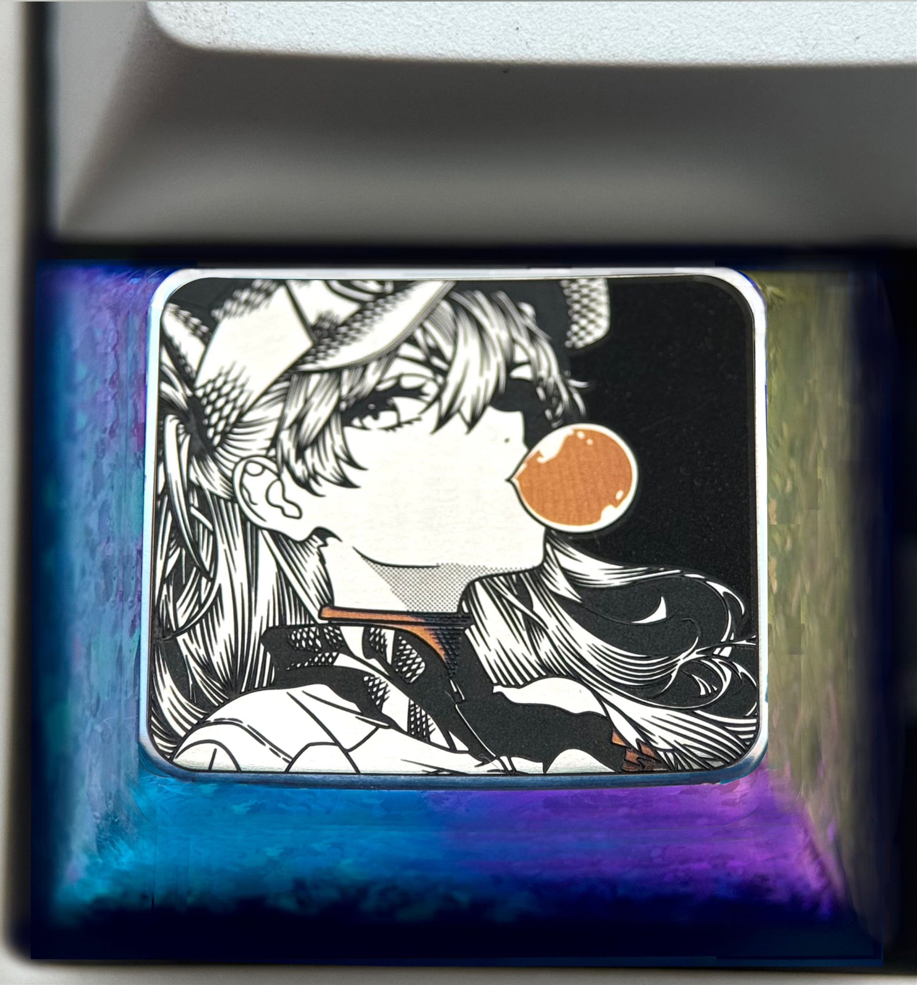 EVA,Asuka, Blowing bubble gum shape, 1.5U titanium alloy personalized keycap, anime and game culture creative peripheral decorative keycap.