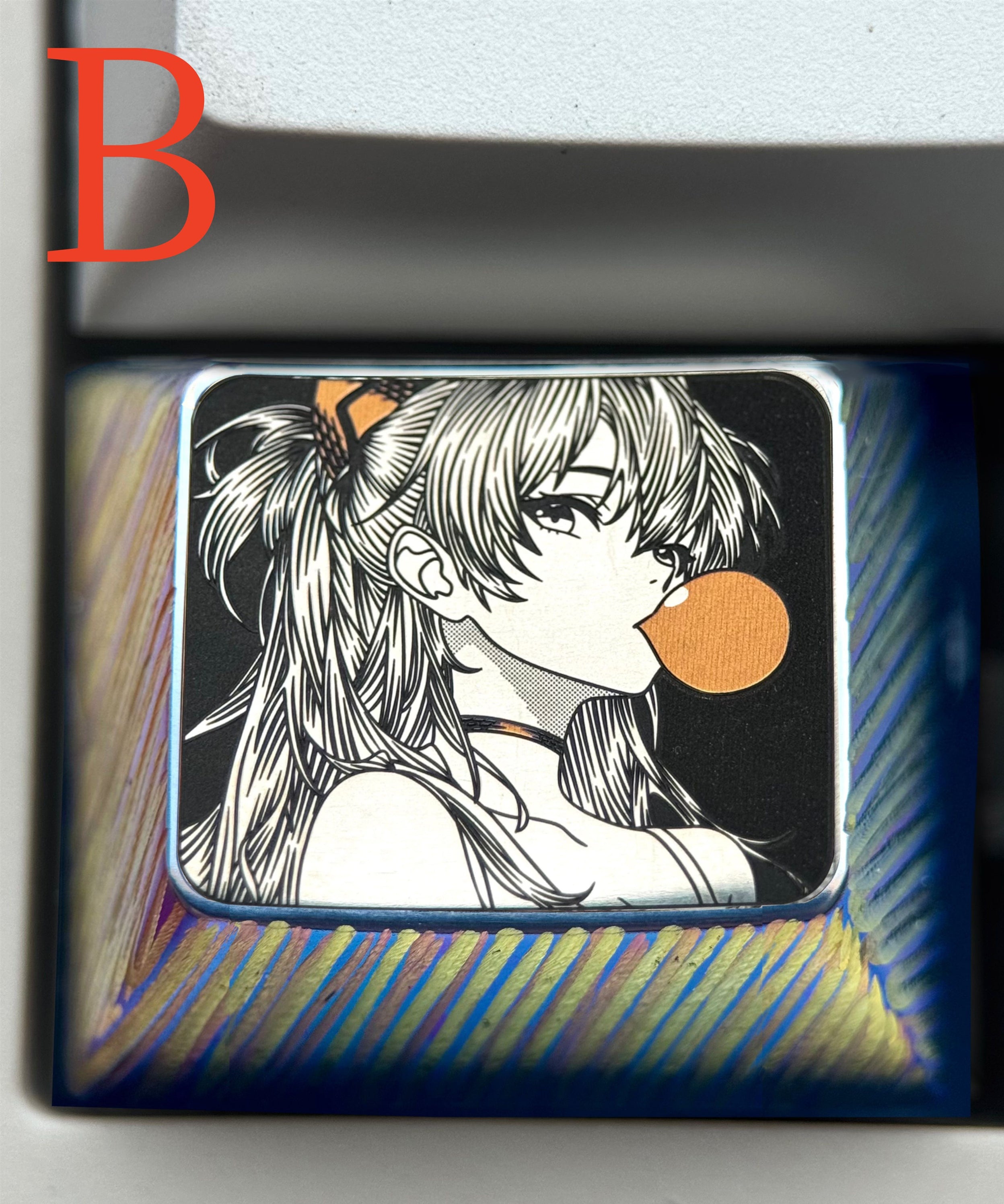EVA,Asuka, Blowing bubble gum shape, 1.5U titanium alloy personalized keycap, anime and game culture creative peripheral decorative keycap.