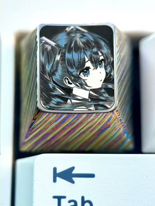 Hatsune Miku, crying expression 1U titanium alloy ultra precision stippling, animation game music characters surrounding metal engraving personalized keycaps