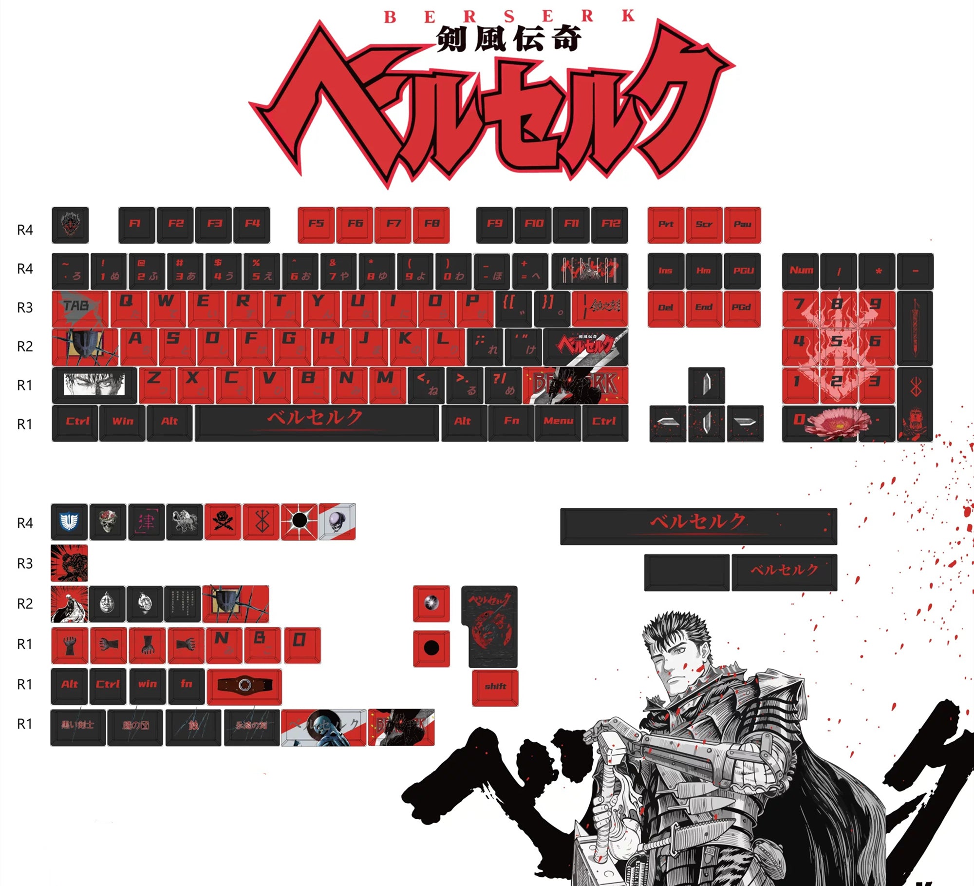 Berserk themed design set keycaps, PBT material original factory highly personalized keycap set, anime game keycap set, suitable for 61/64/68/75/84/87/104 key mechanical keyboards