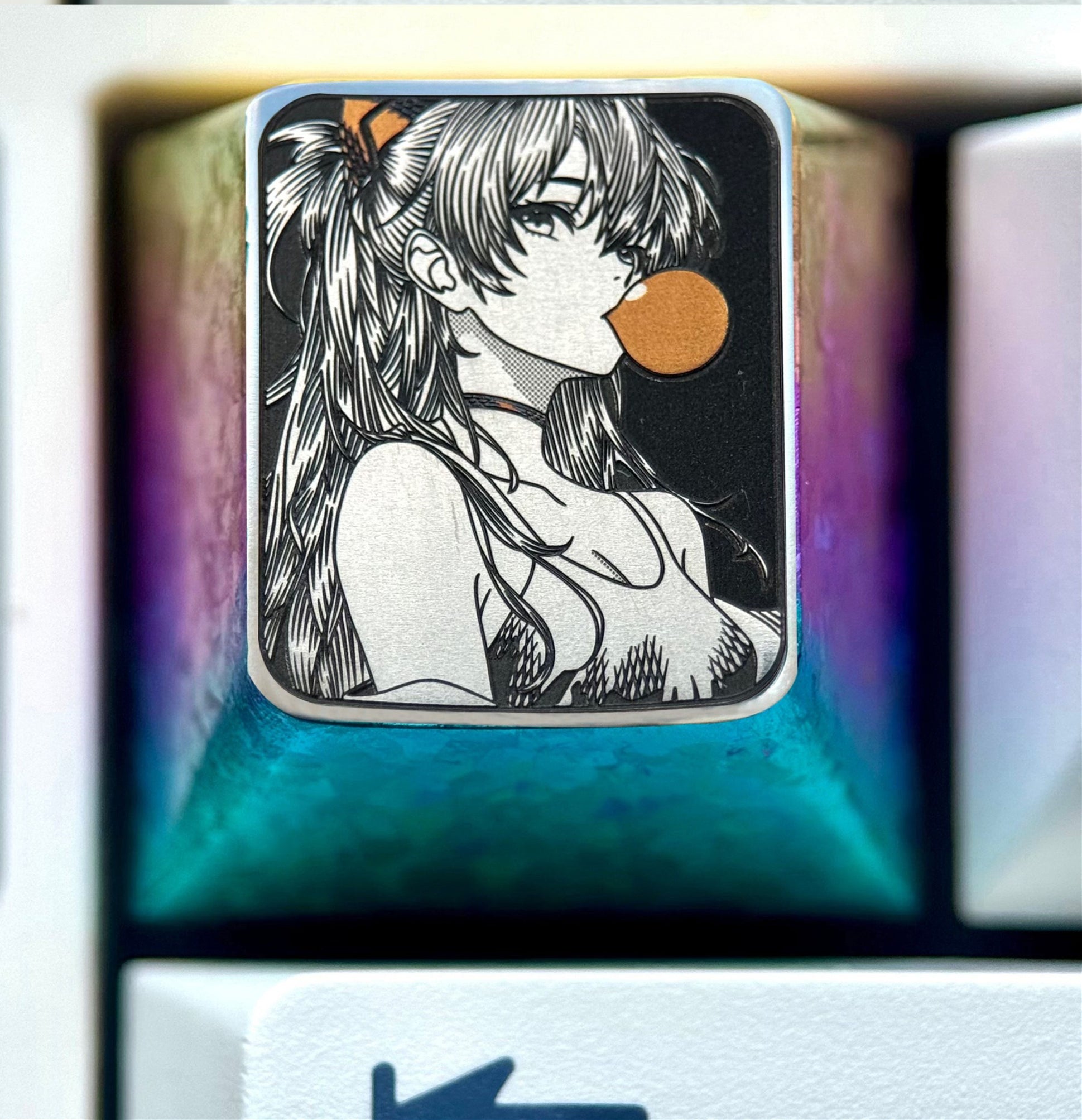 EVA,Asuka, Blowing bubble gum shape, 1U titanium alloy personalized keycap, anime and game culture creative peripheral decorative keycap.
