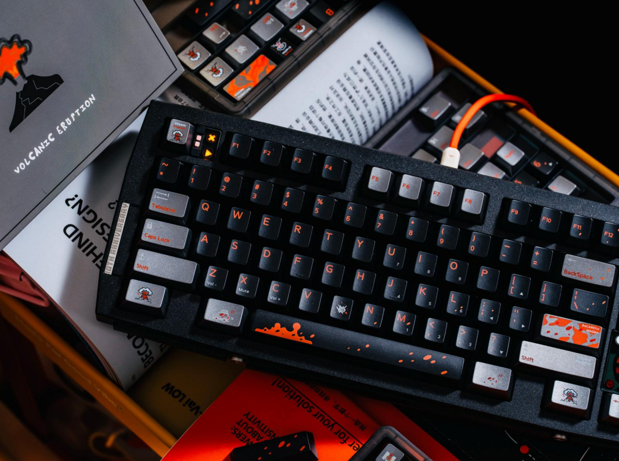 Fire melt flow black dark silver gray light orange V-series texture metallic paint volcano theme original factory mechanical keycap PBT material material personalized keycap set, compatible with 61/64/68/75/84/87/104 mechanical keyboard replacement keycap