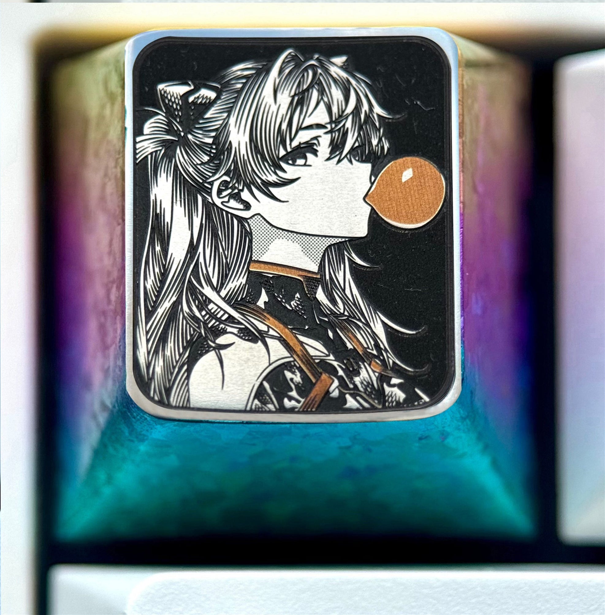 EVA,Asuka, Blowing bubble gum shape, 1U titanium alloy personalized keycap, anime and game culture creative peripheral decorative keycap.
