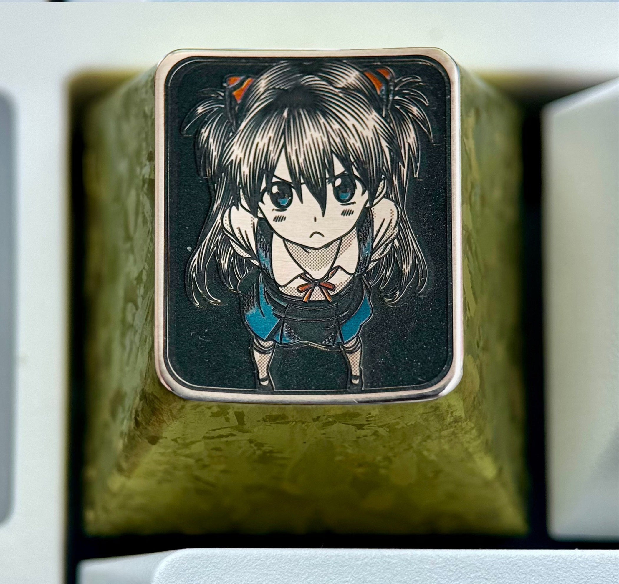 EVA, Exquisitely carved titanium alloy, overlooking Asuka, 1U anime, gaming, cultural and creative personalized keycaps, metal carved decorative keycaps