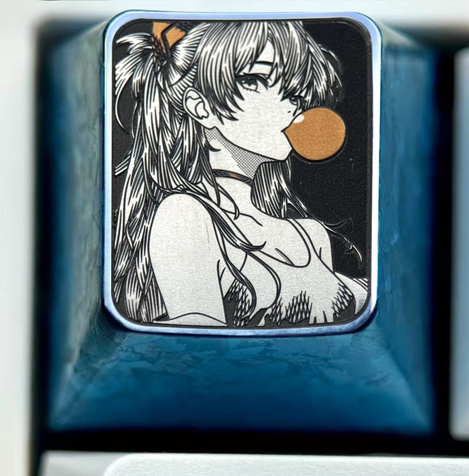 EVA,Asuka, Blowing bubble gum shape, 1U titanium alloy personalized keycap, anime and game culture creative peripheral decorative keycap.