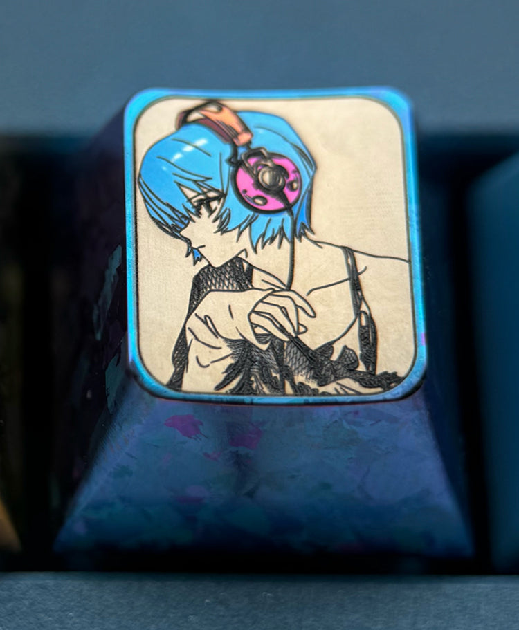 EVA, Asuka wearing headphones, Ayanami Rei, 1U titanium alloy personalized keycaps, metal decorative art keycaps, anime keycaps