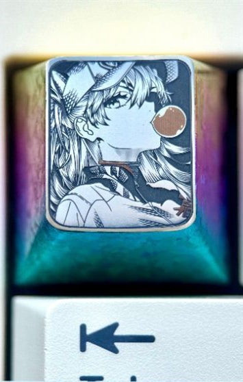EVA, Bubble gum Asuka, 1U titanium alloy personalized keycap, anime and game character metal carved colorful titanium alloy artistic keycap.