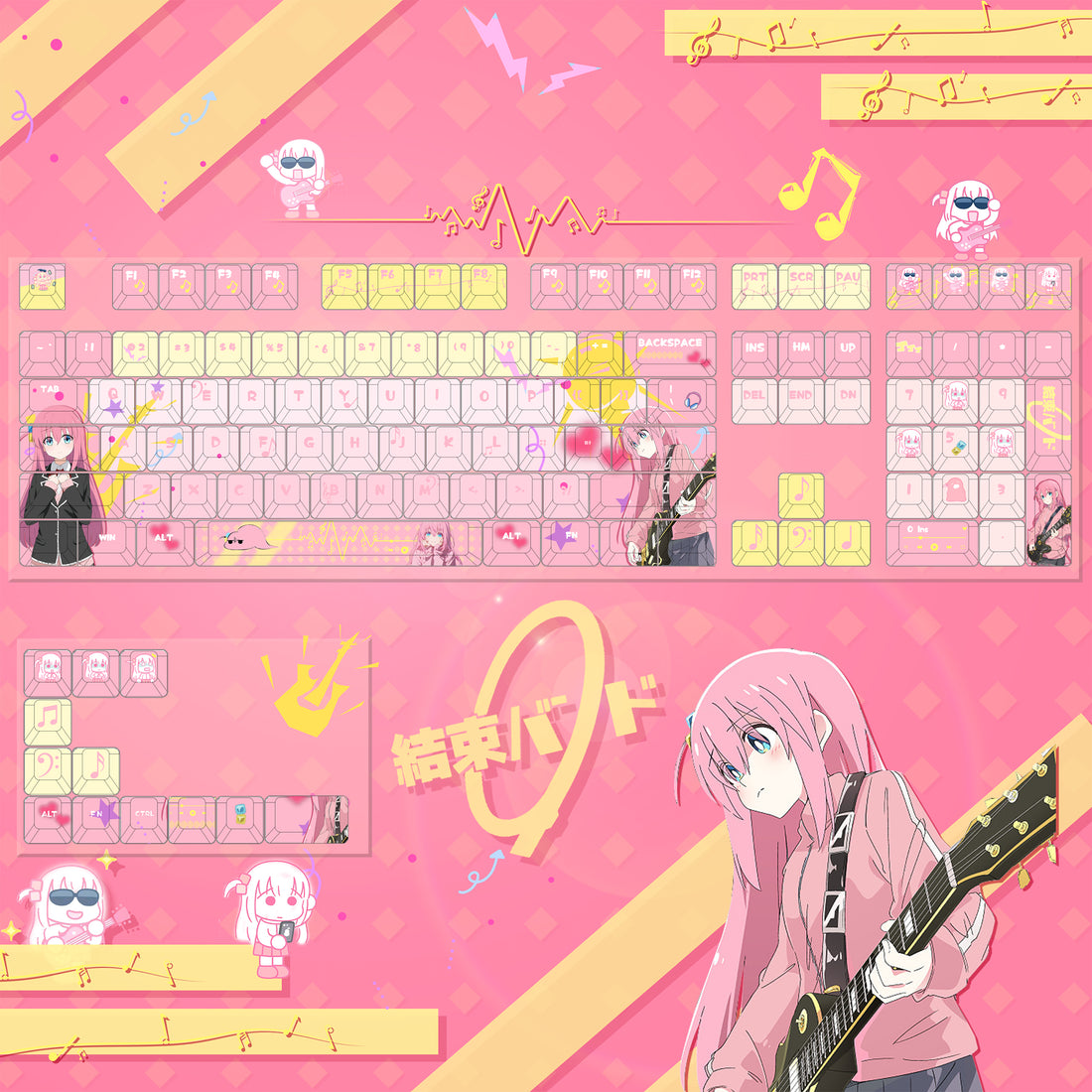 BOCCHI THE ROCK! , Gotoh Hitori theme, PBT material personalized keycap set, anime keycap culture peripheral mechanical keyboard decoration keycaps, Compatible with 61/64/68/75/84/87/104 key mechanical keyboard keycap set