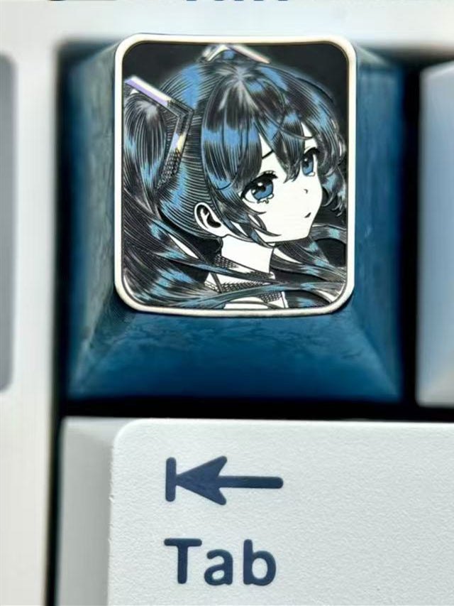Hatsune Miku, crying expression 1U titanium alloy ultra precision stippling, animation game music characters surrounding metal engraving personalized keycaps