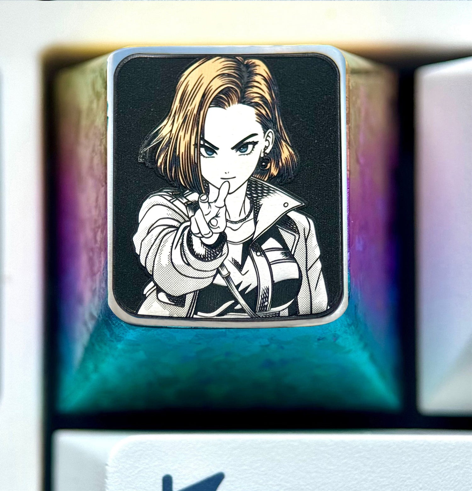 Dragon Ball, Android 18, Titanium alloy 1U personalized keycaps, anime, gaming, cultural and creative metal carved keycaps