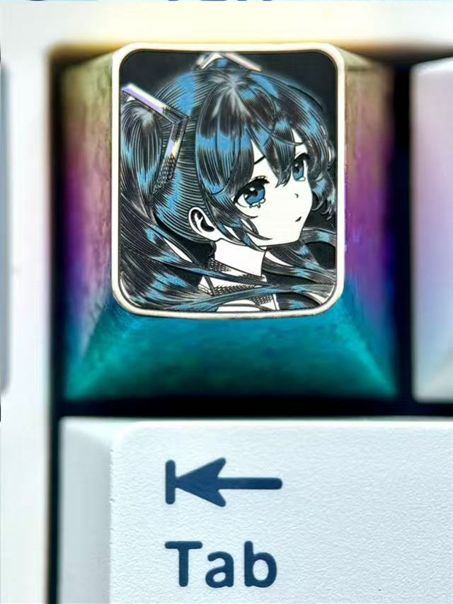 Hatsune Miku, crying expression 1U titanium alloy ultra precision stippling, animation game music characters surrounding metal engraving personalized keycaps