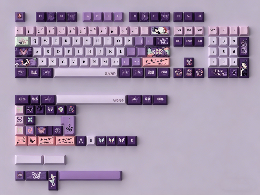 Demon Slayer: Kimetsu no Yaiba series, Kochou Shinobu theme, original high PBT material keycaps, full five sided thermal sublimation process mechanical keyboard custom set keycaps