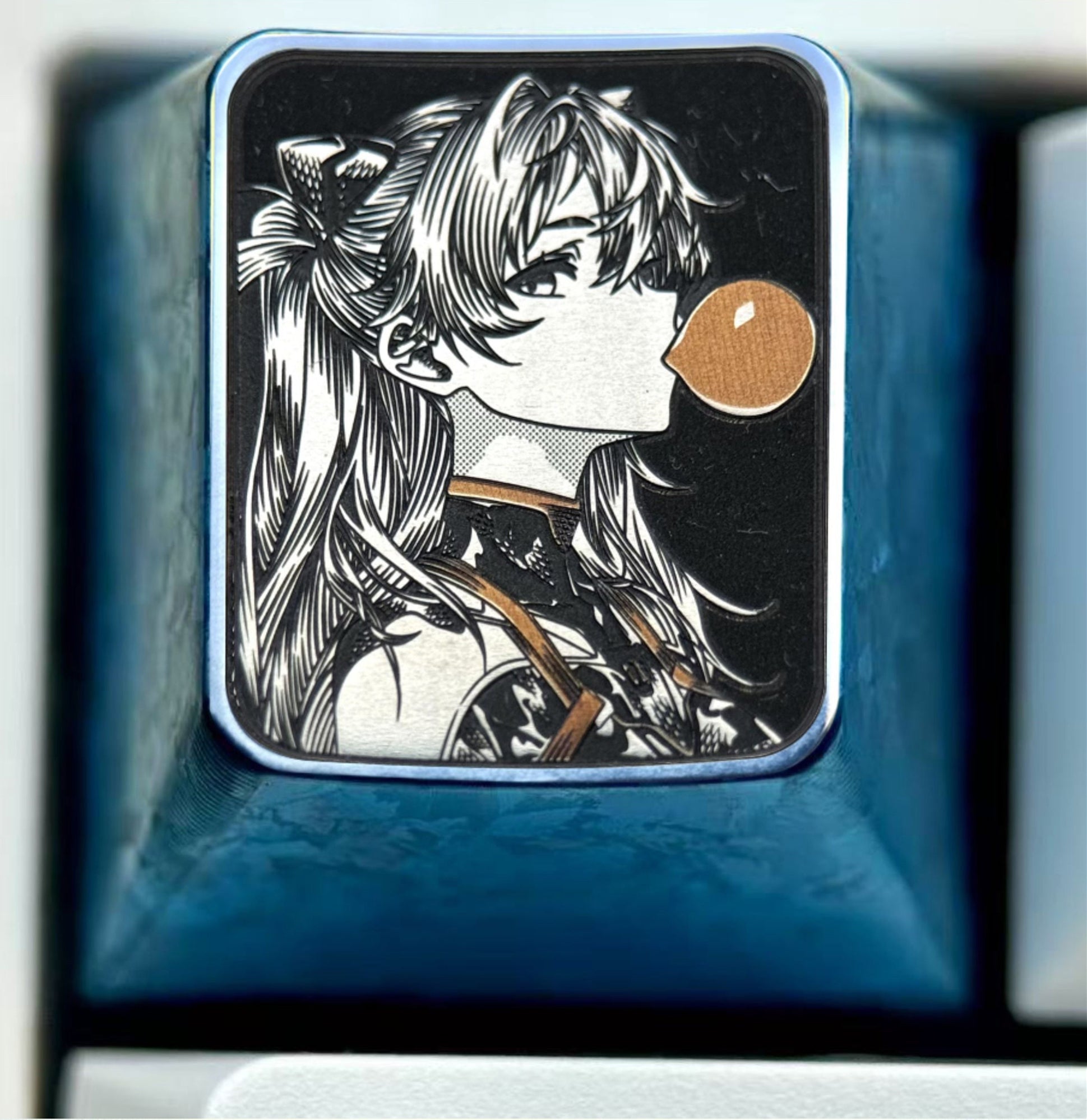 EVA,Asuka, Blowing bubble gum shape, 1U titanium alloy personalized keycap, anime and game culture creative peripheral decorative keycap.