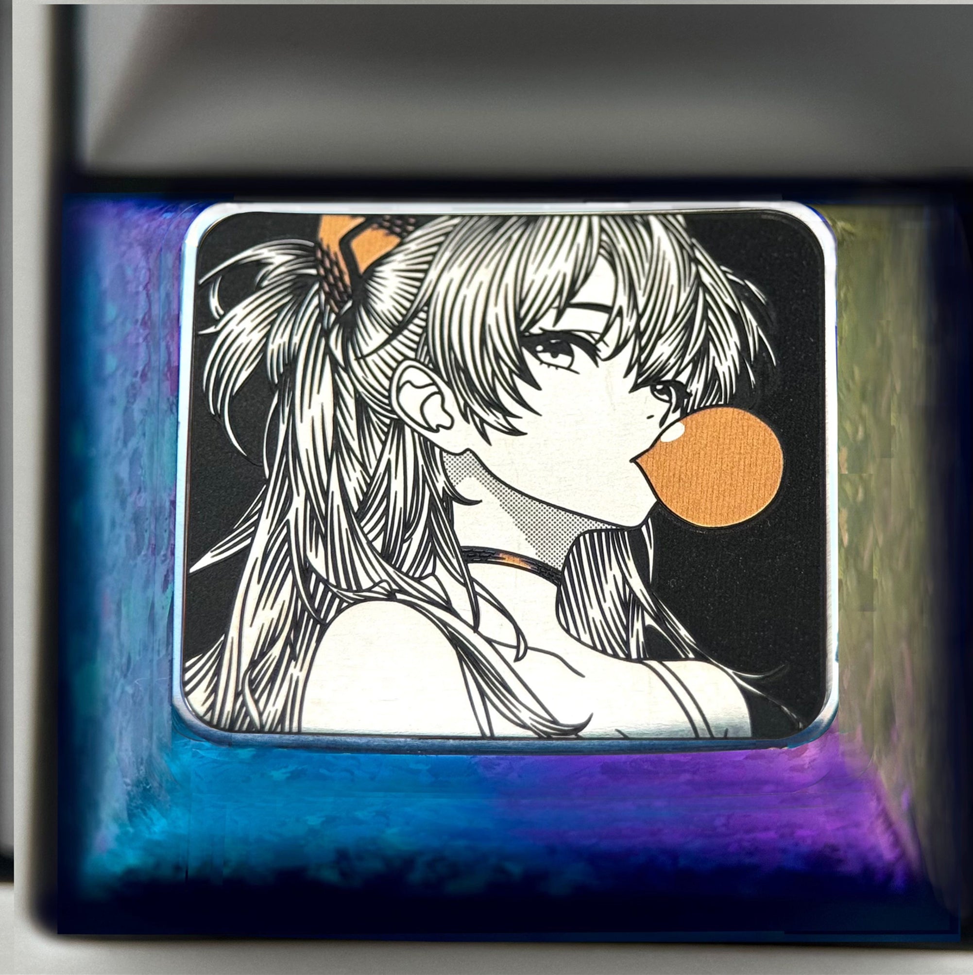 EVA,Asuka, Blowing bubble gum shape, 1.5U titanium alloy personalized keycap, anime and game culture creative peripheral decorative keycap.
