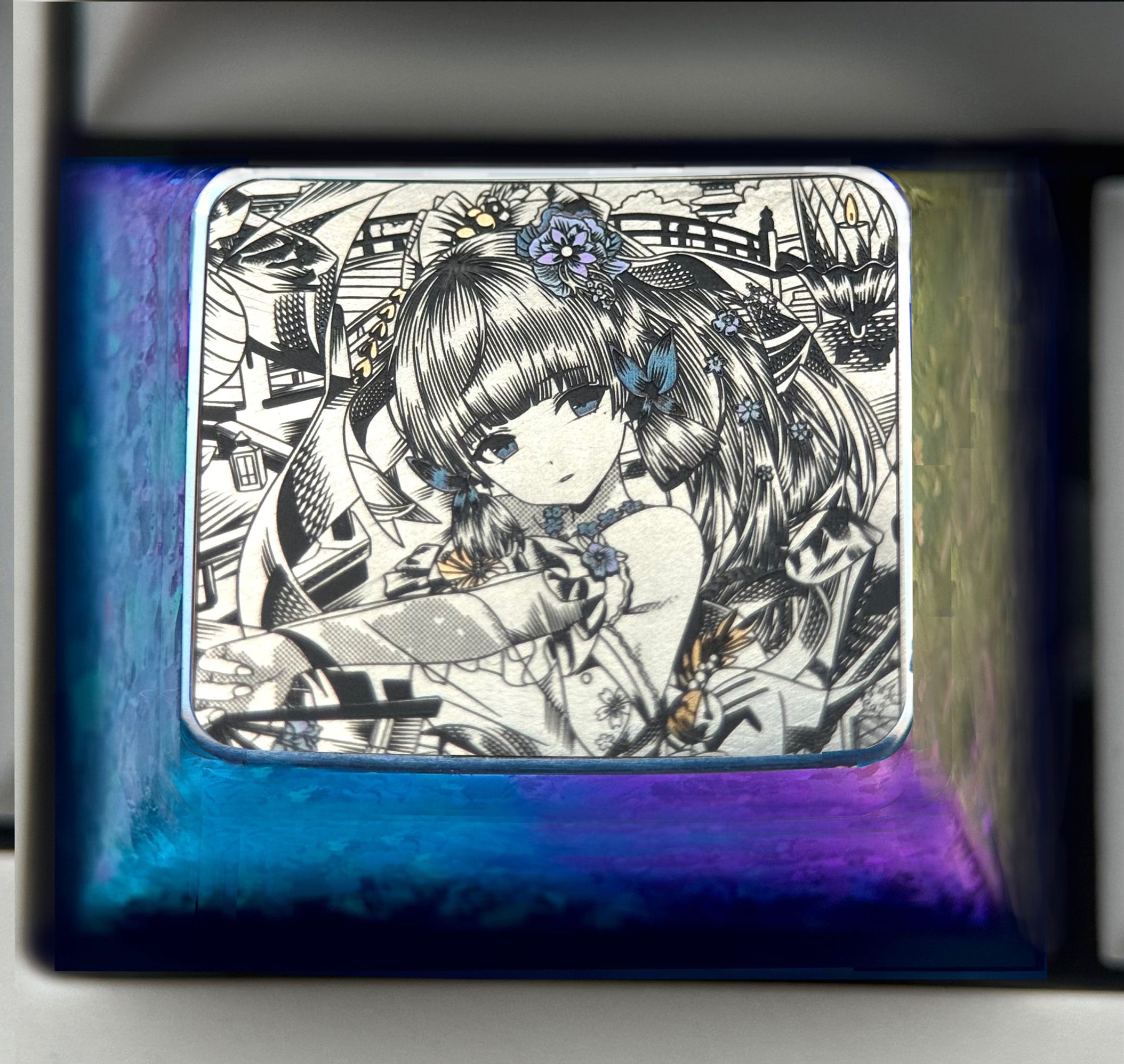 Genshin Impact, Kamisato Ayaka, 1.25U titanium alloy finely carved personalized keycaps, anime and game culture creative metal keycaps
