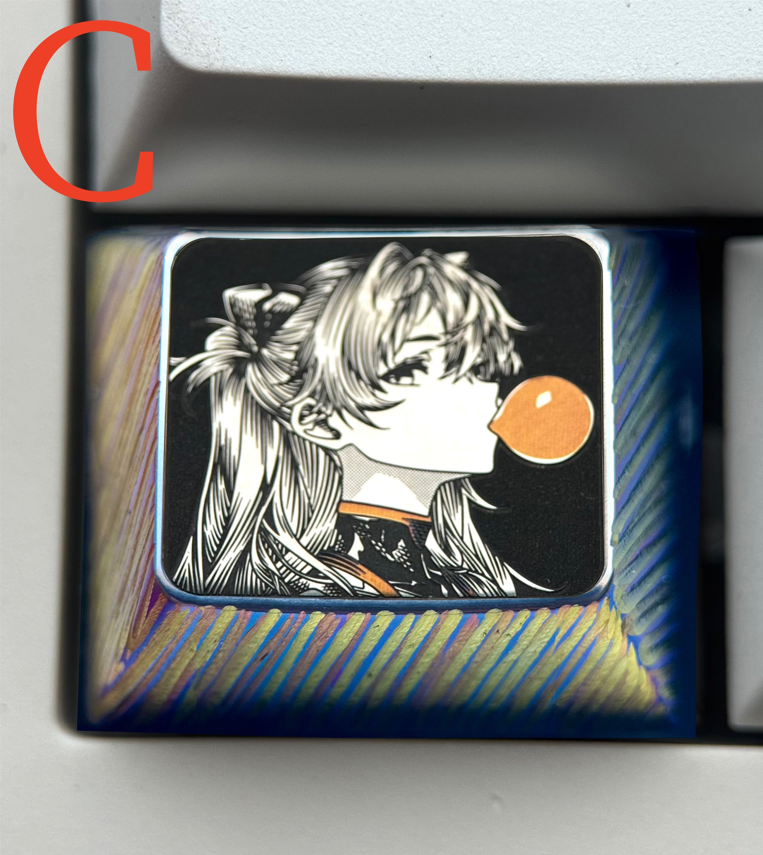 EVA,Asuka, Blowing bubble gum shape, 1.5U titanium alloy personalized keycap, anime and game culture creative peripheral decorative keycap.
