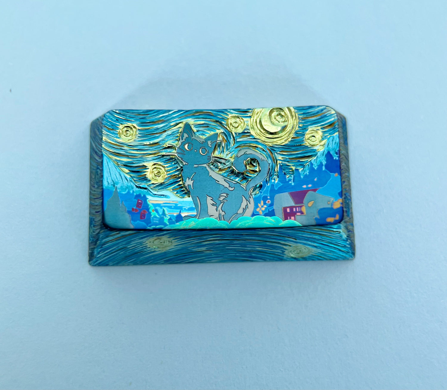 The Starry Night, Kitten style, 1.75U titanium alloy hand carved, regular personalized keycap