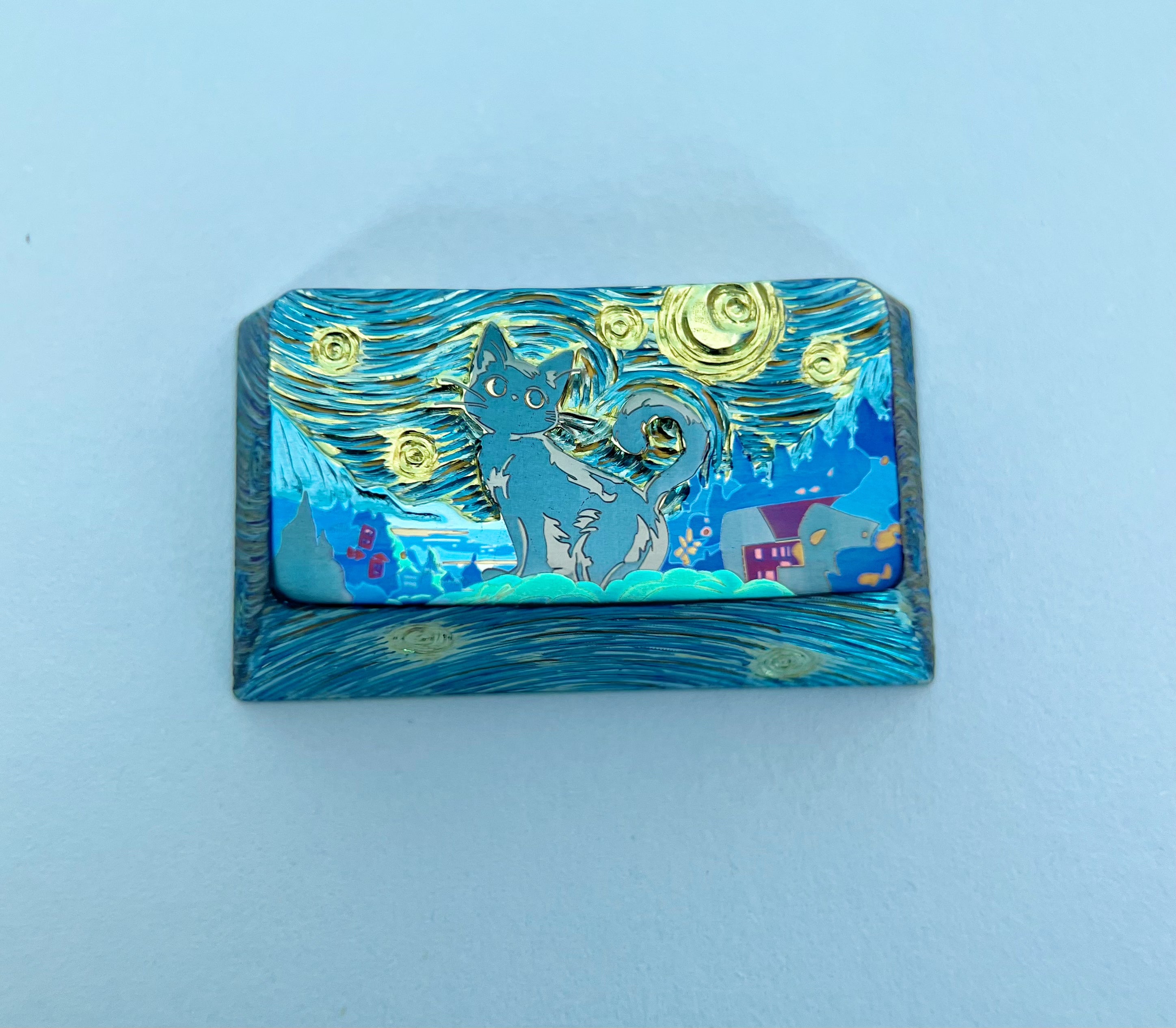 The Starry Night, Kitten style, 1.75U titanium alloy hand carved, regular personalized keycap