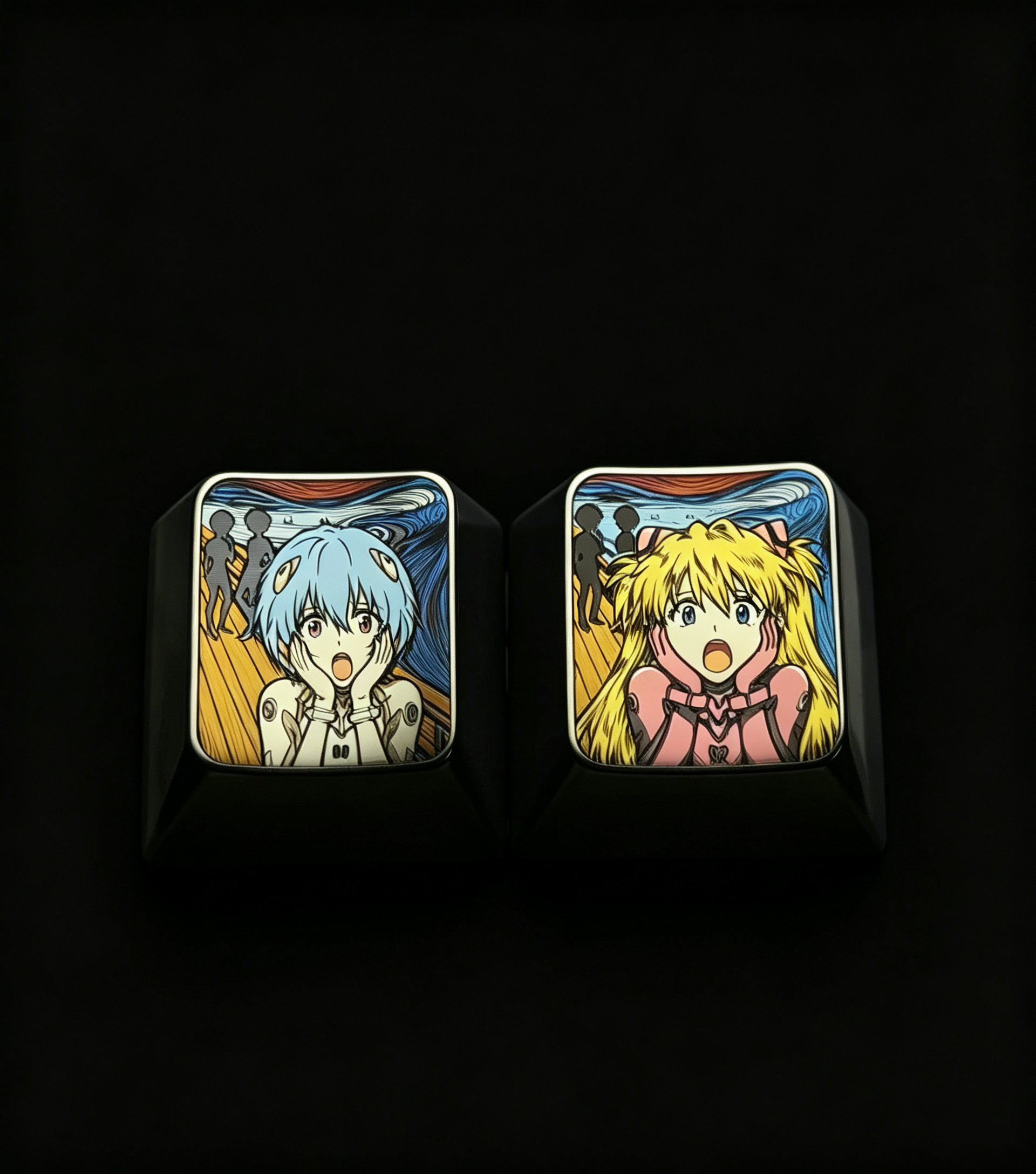 EVA, Asuka/Ayanami Rei,The Scream, 1U titanium alloy metal personalized keycaps, anime oil painting cultural creative keycaps, mechanical keyboard artistic decorative keycaps