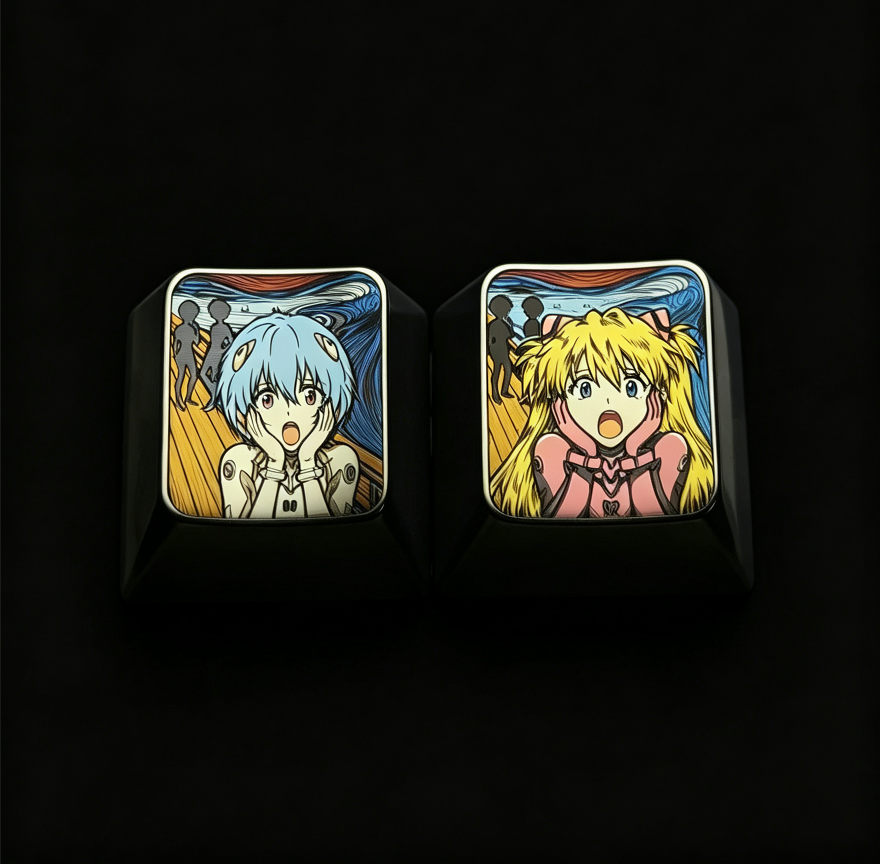 EVA, Asuka/Ayanami Rei,The Scream, 1U titanium alloy metal personalized keycaps, anime oil painting cultural creative keycaps, mechanical keyboard artistic decorative keycaps