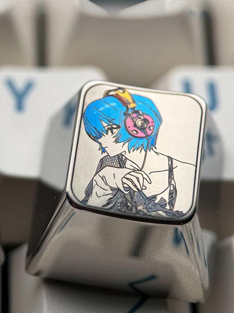 EVA, Asuka wearing headphones, Ayanami Rei, 1U titanium alloy personalized keycaps, metal decorative art keycaps, anime keycaps