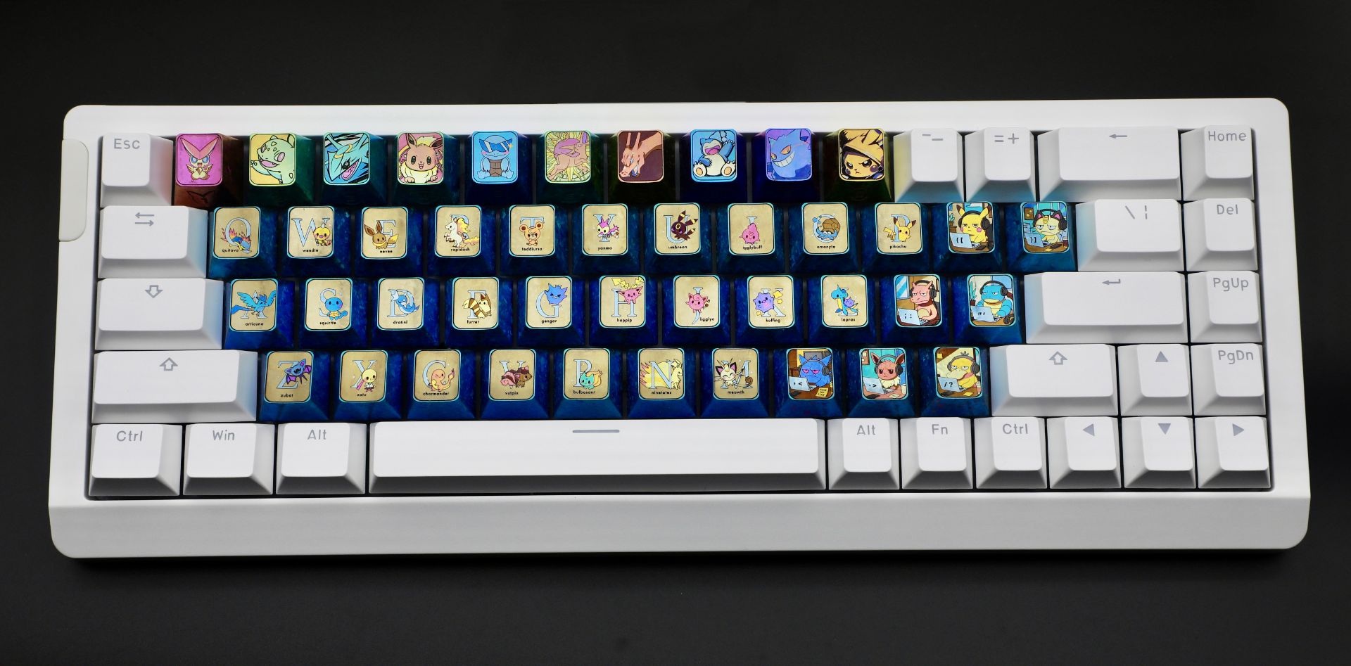 Pok é mon titanium alloy, 26 letter key set/7 character key set. Metallic personalized keycaps.