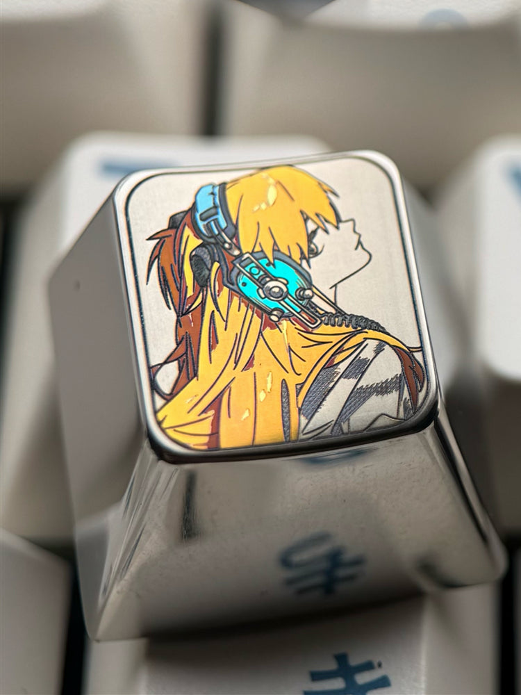 EVA, Asuka wearing headphones, Ayanami Rei, 1U titanium alloy personalized keycaps, metal decorative art keycaps, anime keycaps
