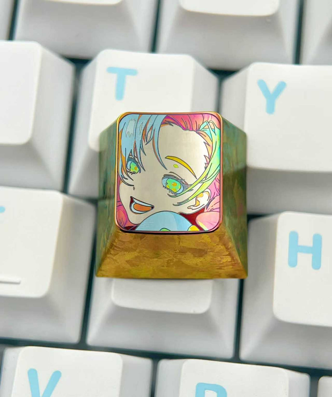 Demon Slayer: Kimetsu no Yaiba,Kanroji Mitsuri, Mechanical keyboard 1U titanium alloy personalized keycap, anime character creative metal carving decorative keycap