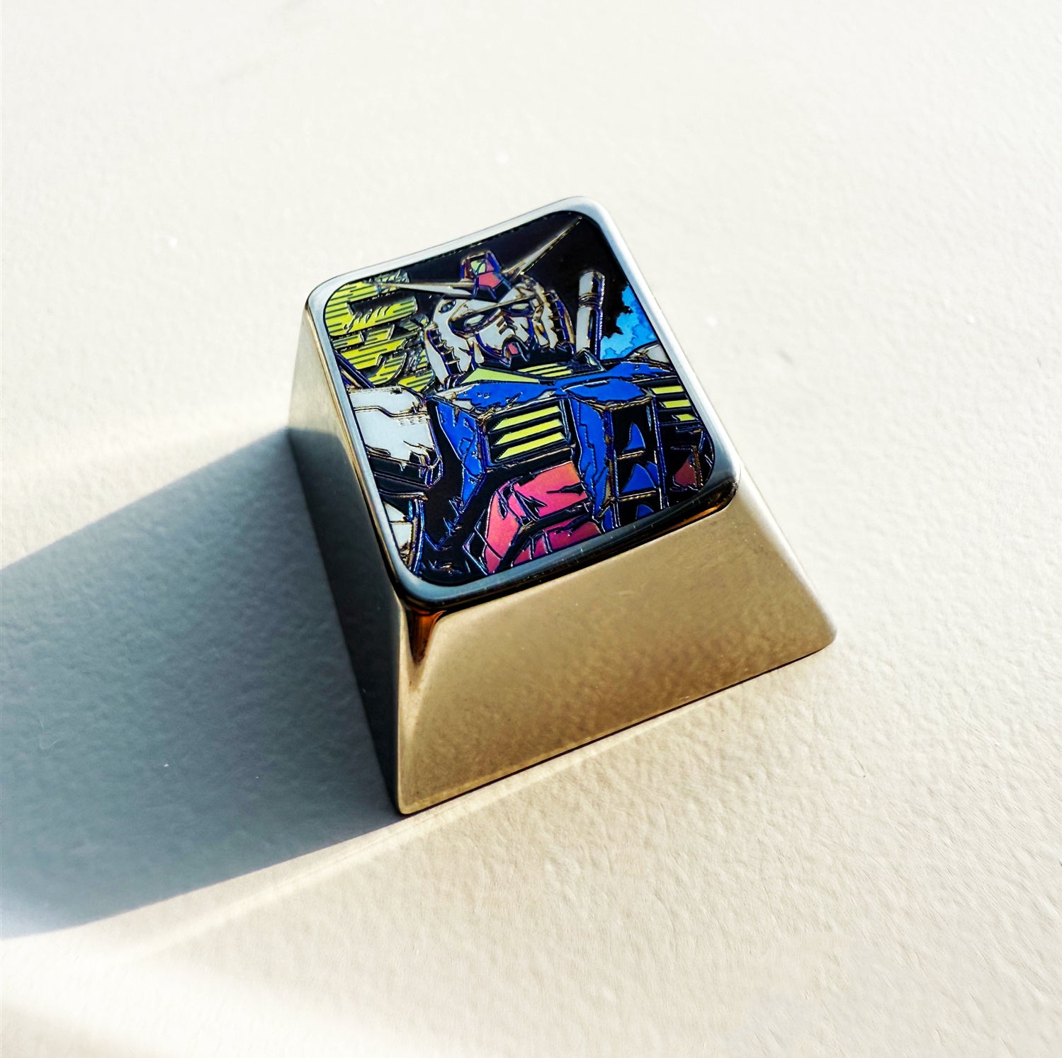 GUNDAM multi-layer etched colored titanium alloy keycaps, 1U metal personalized keycaps, anime game peripheral keycaps.