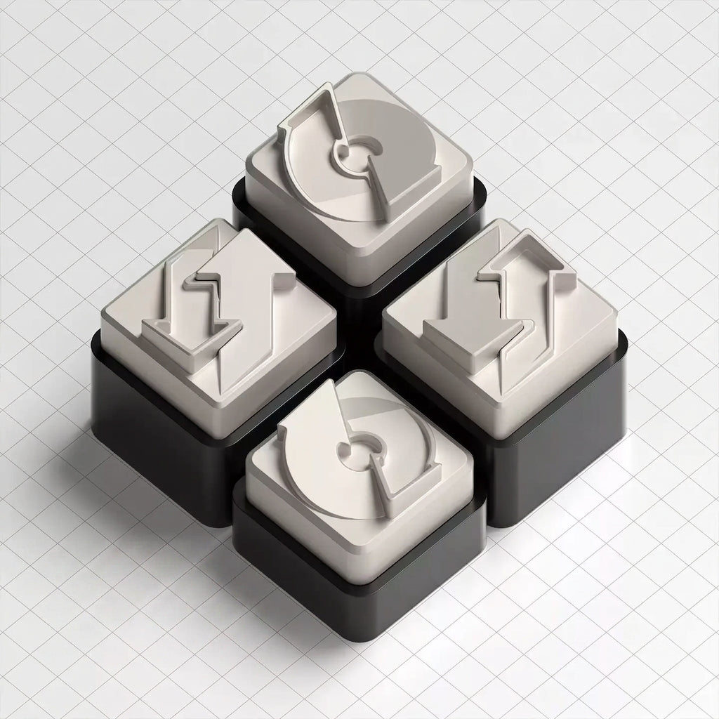 Nuclear Cube Arrow themed design, metal black and white color scheme, glossy matte metal, customized personalized keycaps