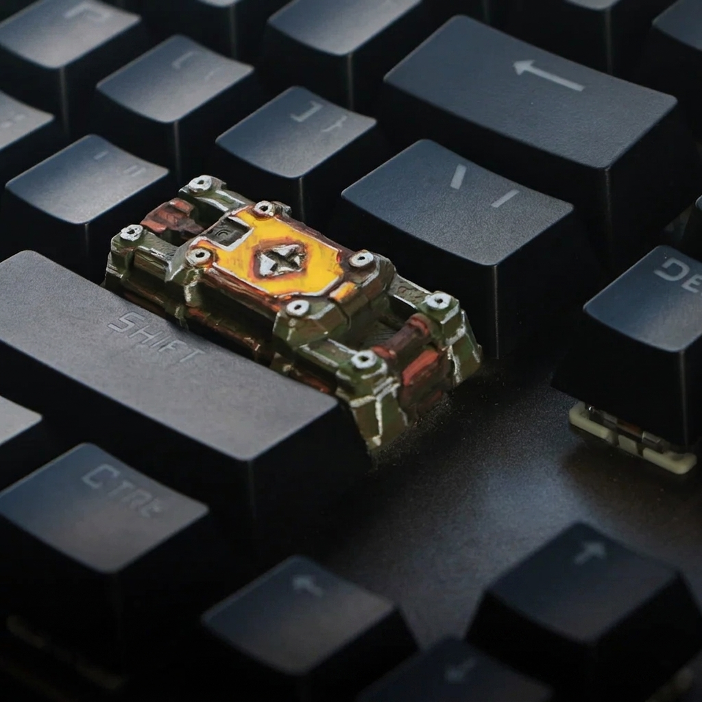 Fallout Season theme style retro mechanical apocalypse wasteland style, painting done old 2.25U Enter key game anime resin decorative keycaps, , mechanical keyboard decorative keycaps.