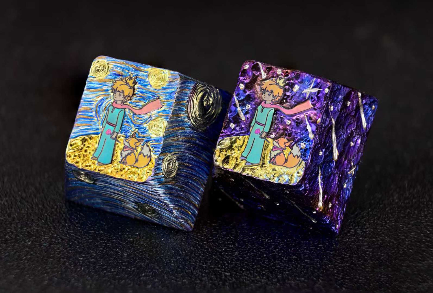 Le Petit Prince, Hand tapping patterned titanium alloy personalized keycaps, 1U metal personalized art keycaps.