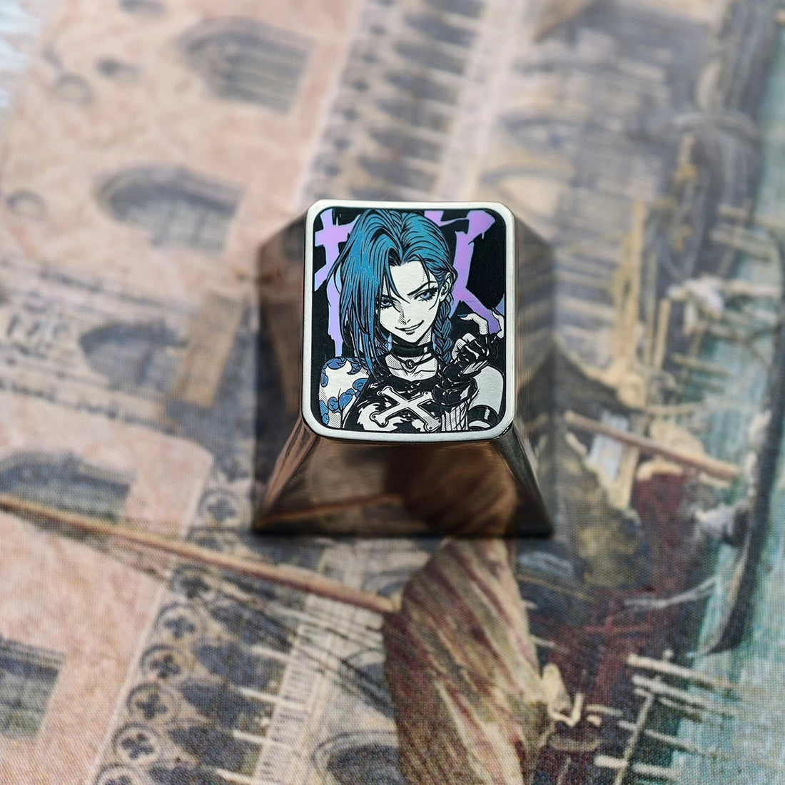 League of Legends, Jinx, 1U titanium alloy personalized keycaps, anime and game metal art decorative keycaps, mechanical keyboard replacement keycaps