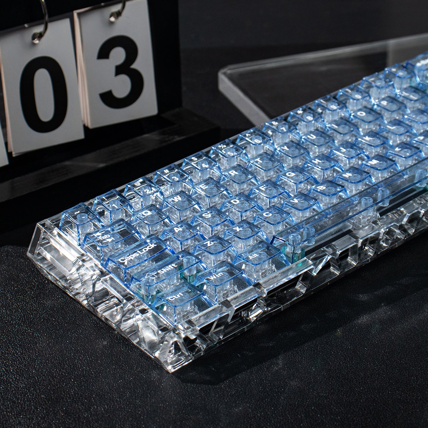 Light blue transparent mechanical keyboard keycaps with transparent PC material for customized keycaps.