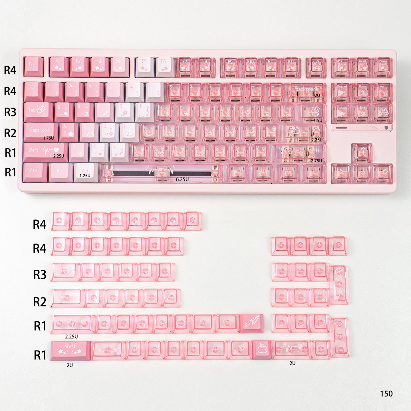 Snowy Mountain Strawberry Heartbeat Gradient Pink Transparent Mechanical Keyboard Keycaps Customization Complete Set PBT+PC Original Factory Height Set Keycaps