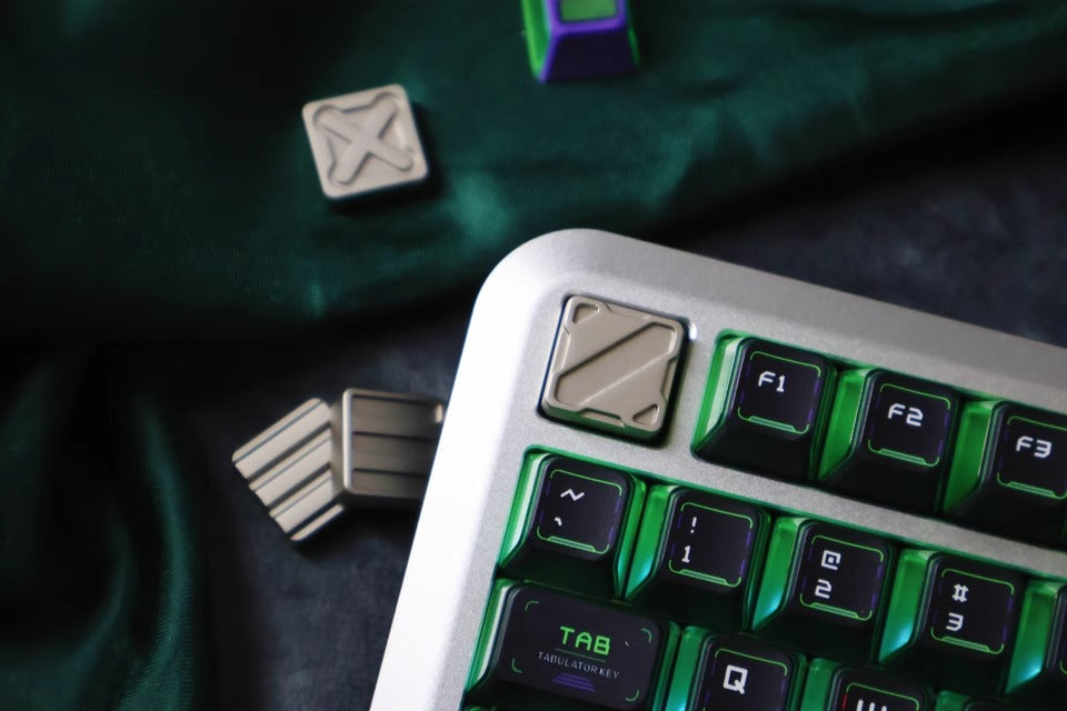 Nuclear Cube themed design, metal black and white color scheme, glossy matte metal, customized personalized keycaps