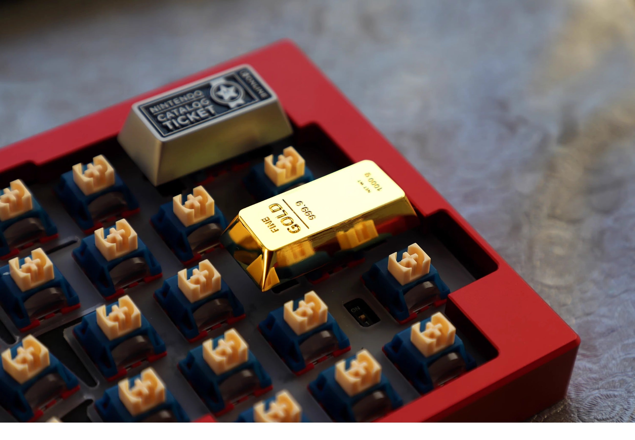 Metal personalized keycaps, featuring gold bar and gold brick shaped enter keys, made of zinc alloy material with original height, including enter and ESC keys