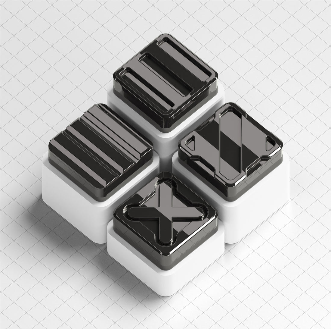 Nuclear Cube themed design, metal black and white color scheme, glossy matte metal, customized personalized keycaps