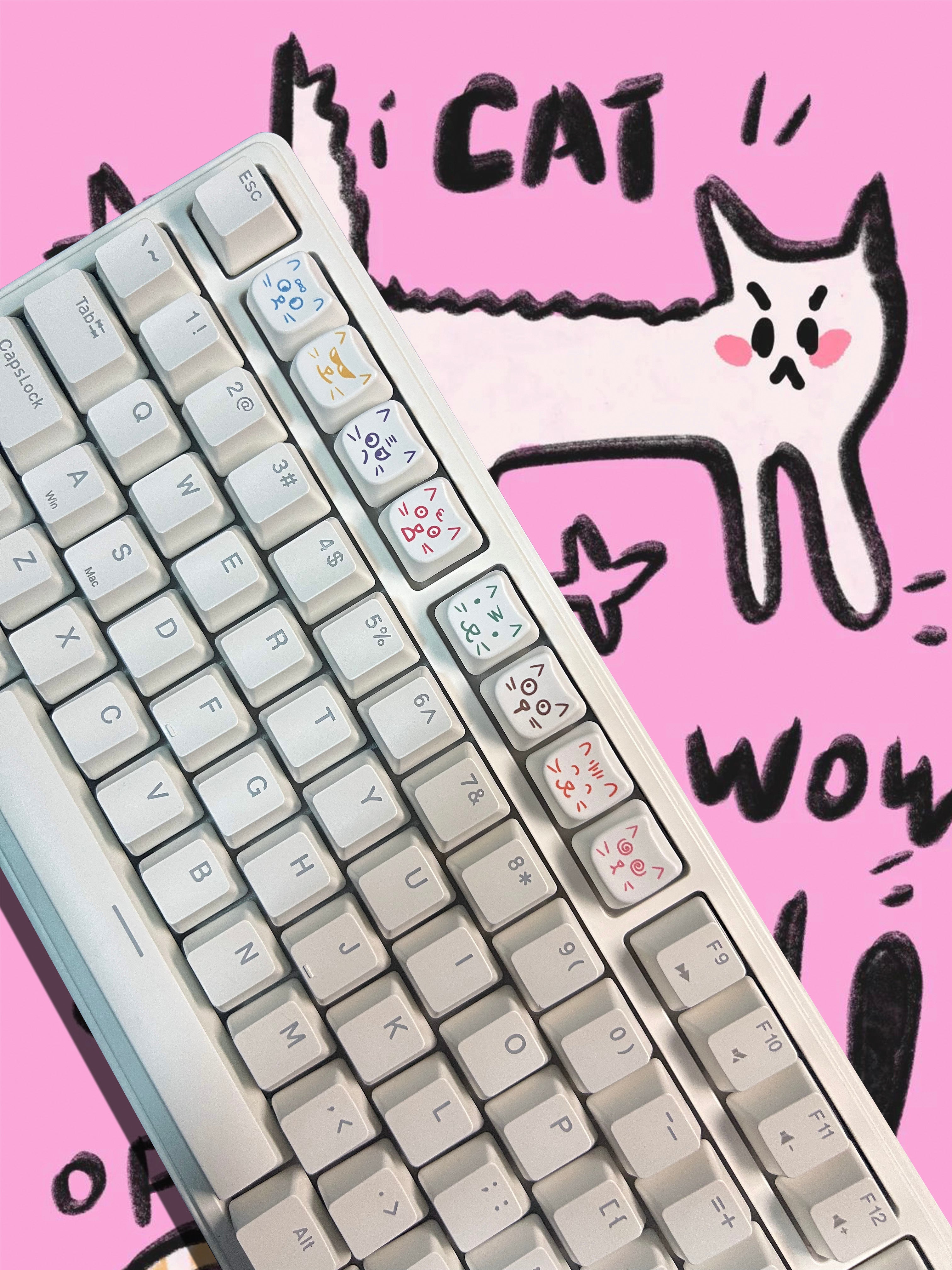 Cute cat 8-key emoji, heat sublimated PTB material, personalized keycap.