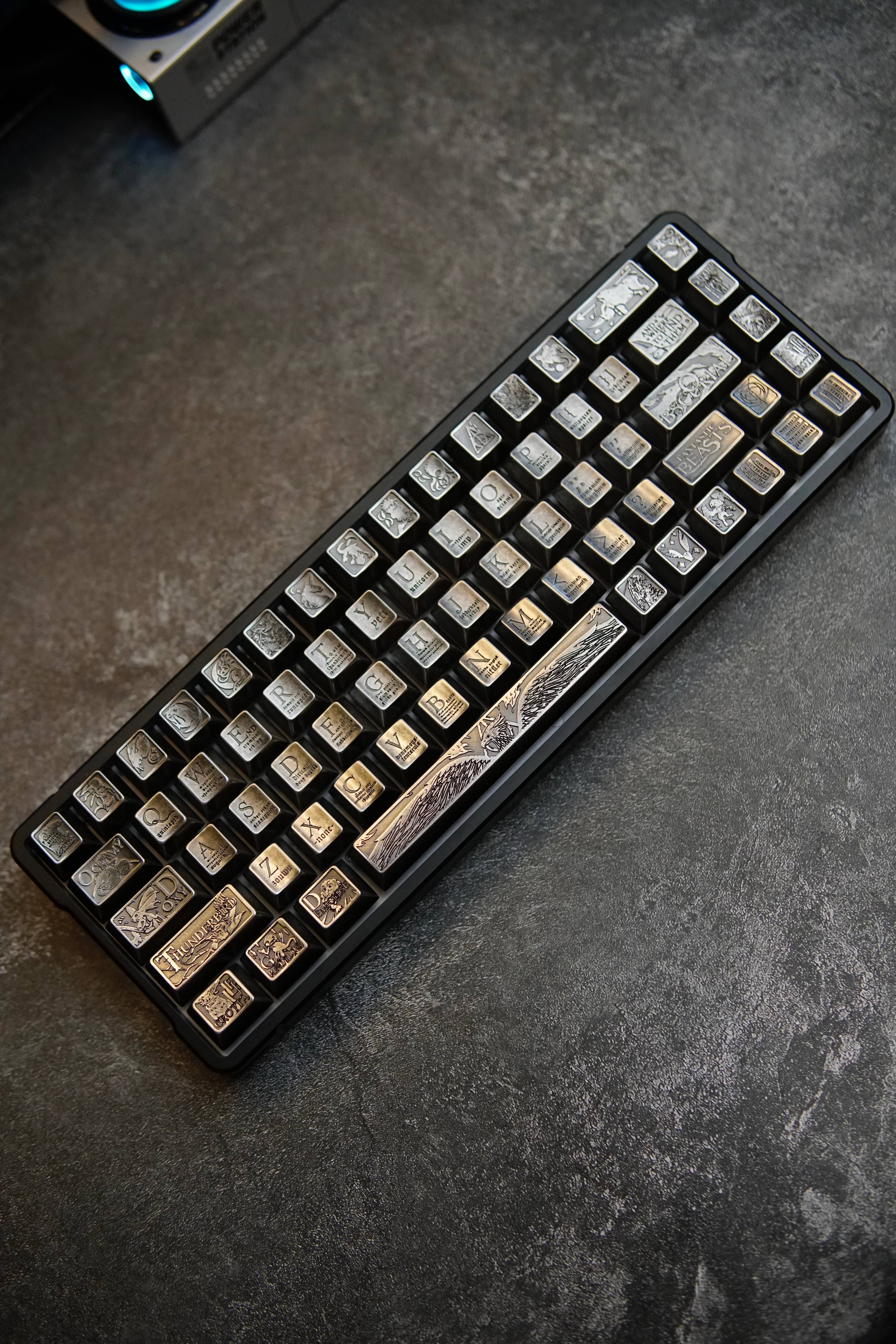 Fantastic Beasts theme, metal laser carved keycaps set, personalized keycaps made of zinc alloy material.