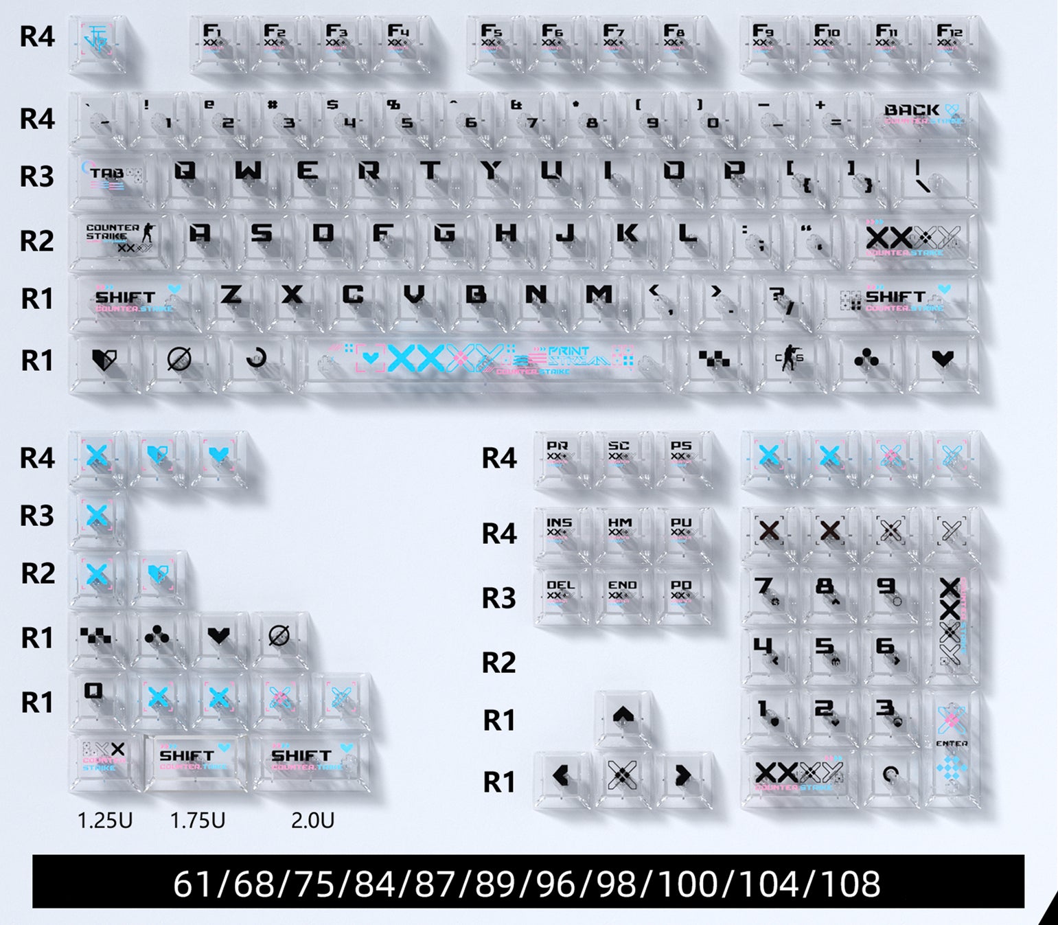 CSGO Printed Theme Collection, Black and White PC Transparent, PBT Set Keycaps, Heat Sublimation Personalized Set Keycaps.