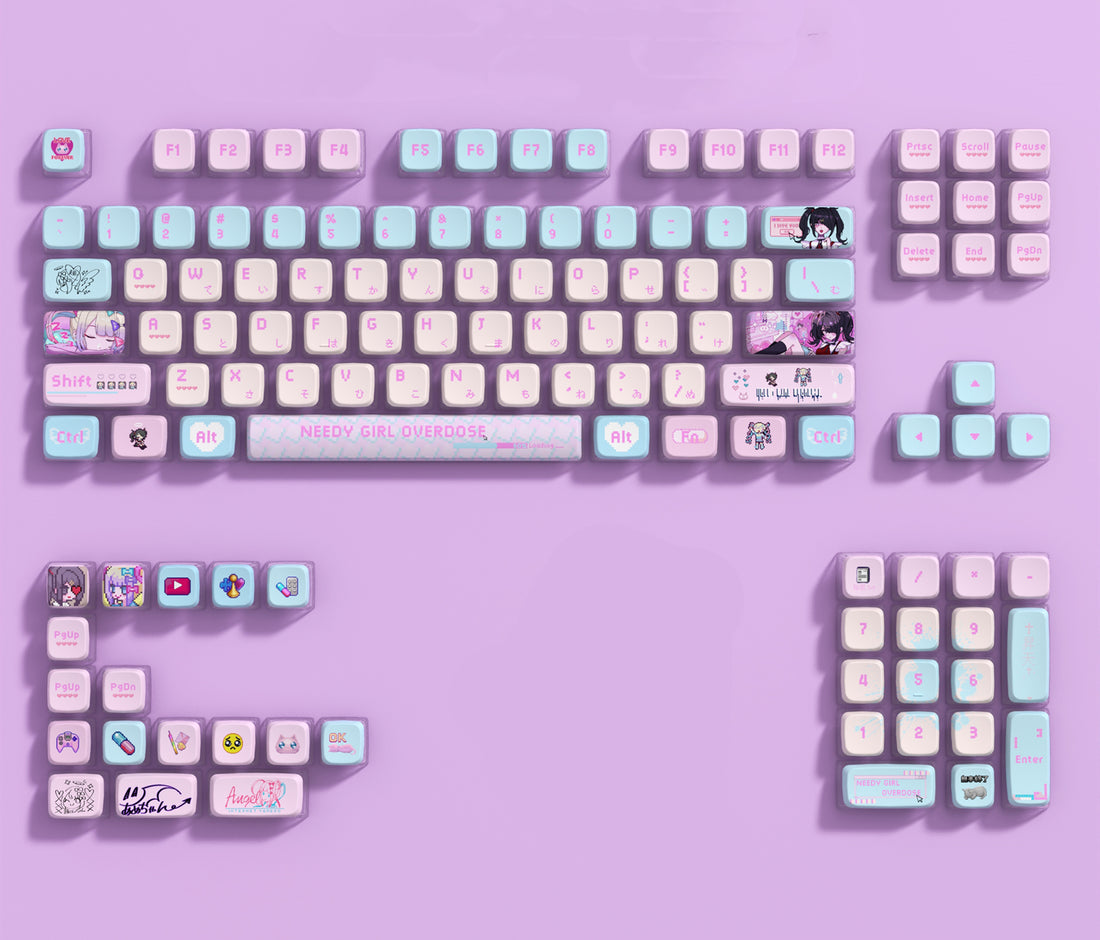 NEEDY GIRL OVERDOSE Theme, Four sided Transparent Pudding Keycap OEM Height PBT Sublimation Anime Game Creative Personalized Keycap Set