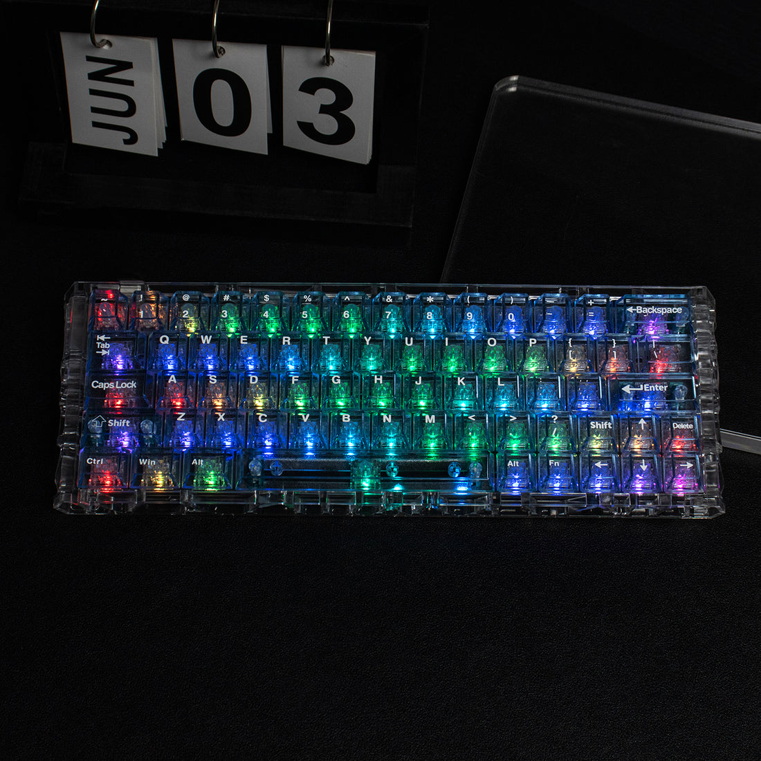 Light blue transparent mechanical keyboard keycaps with transparent PC material for customized keycaps.